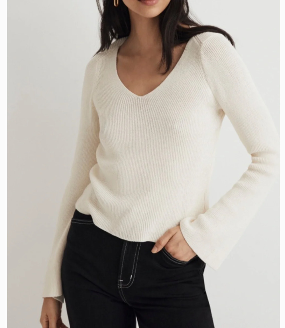 Madewell NWT Ribbed V-Neck Sweater Top S Beige Flared Sleeve Granola Girl Fall